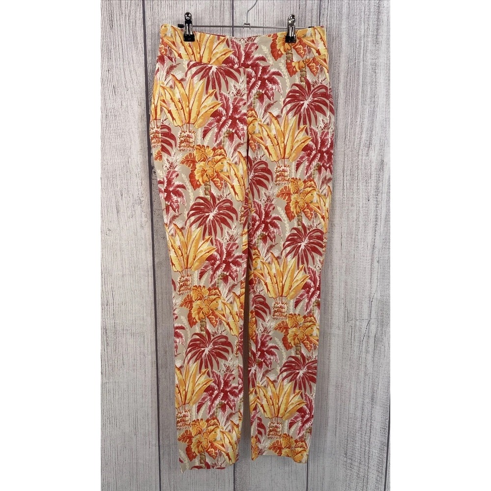 J McLaughlin Pants Womens 4 Khaki Pink Palm Fig Masie Pull-On Slim Colorful